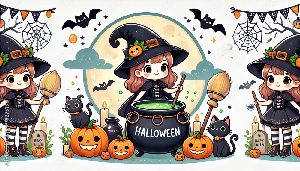 A fun Halloween illustration featuring a witch in costume with a pumpkin A fun Halloween illustration featuring a witch in costume with a pumpkin
