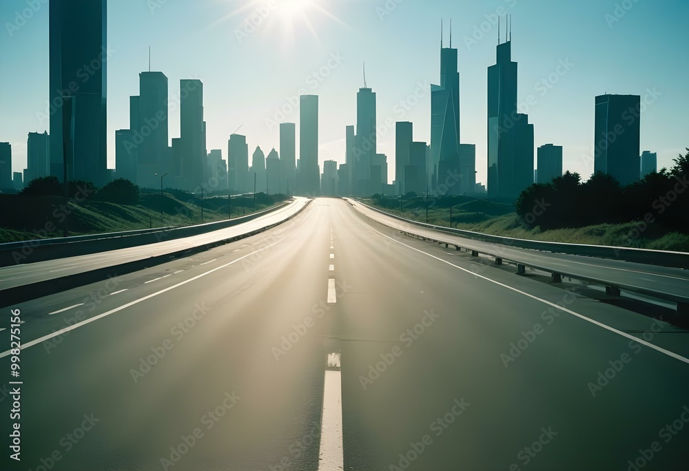 Empty highway with green road signs, blue sky, and silhouettes of buildings in the background Empty highway with green road signs, blue sky, and silhouettes of buildings in the background