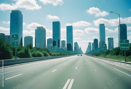 Empty highway with green road signs, blue sky, and silhouettes of buildings in the background