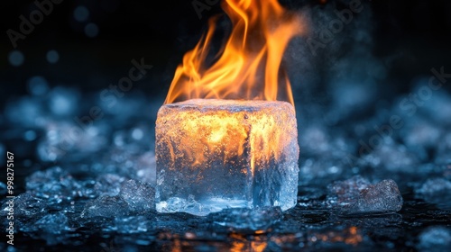 Fiery ice cube, flames consuming frozen ice, creating a striking contrast of heat and cold in a surreal, dramatic photo.