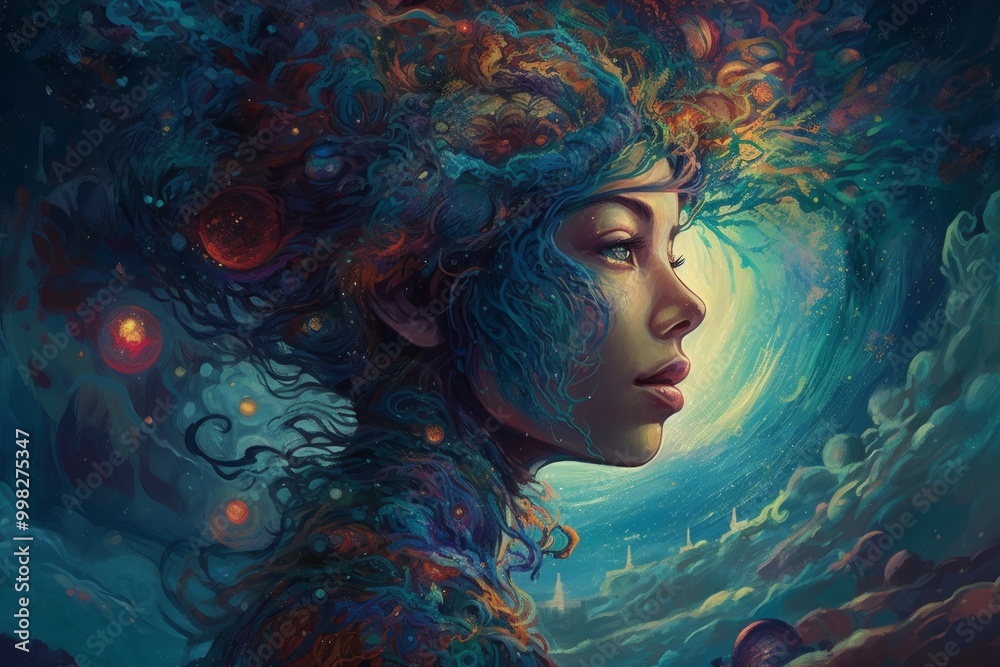 A surreal portrait of a woman with vibrant, cosmic hair. A surreal portrait of a woman with vibrant, cosmic hair.