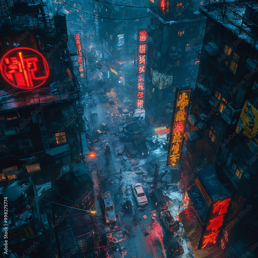 Naklejka premium Dystopian Cyberpunk City Battle Map for Tabletop Role-Playing Games, Sci-Fi RPG Map with Neon Details, High-Tech Urban Environment for Cyberpunk Campaigns, Top-Down Digital Background for RPG Sessions
