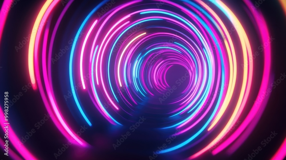 Neon futuristic circles and stripes in vibrant flashes against a dark backdrop Neon futuristic circles and stripes in vibrant flashes against a dark backdrop