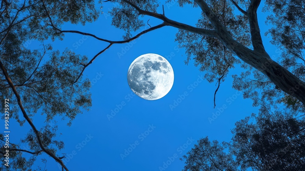 Naklejka premium Moon against a clear blue sky framed by tree branches reflecting the beauty of night sky observation