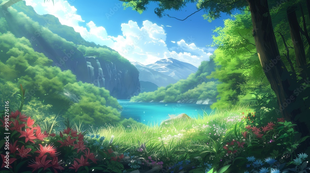 A picturesque view of a serene lake nestled within a lush valley, surrounded by vibrant wildflowers and majestic mountains, showcasing the beauty of nature. A picturesque view of a serene lake nestled within a lush valley, surrounded by vibrant wildflowers and majestic mountains, showcasing the beauty of nature.