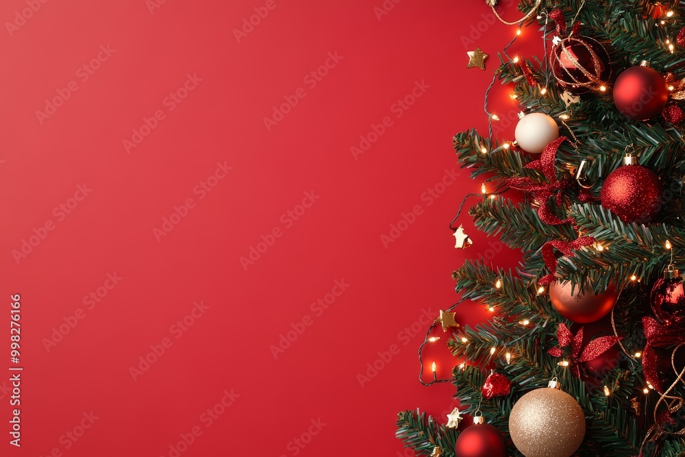 A beautifully decorated Christmas tree adorned with red and gold ornaments against a bright red background showcasing festive spirit A beautifully decorated Christmas tree adorned with red and gold ornaments against a bright red background showcasing festive spirit