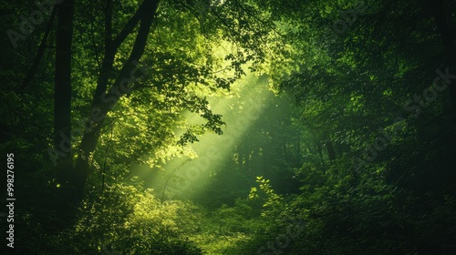 Sunlight Streaks Through Dense Green Foliage in a Lush Forest