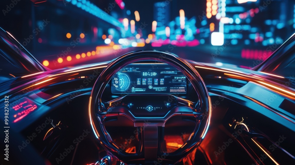 Futuristic empty autonomous car cockpit at night, featuring advanced HUD, digital speedometer, and cutting-edge driverless vehicle innovations. Futuristic empty autonomous car cockpit at night, featuring advanced HUD, digital speedometer, and cutting-edge driverless vehicle innovations.