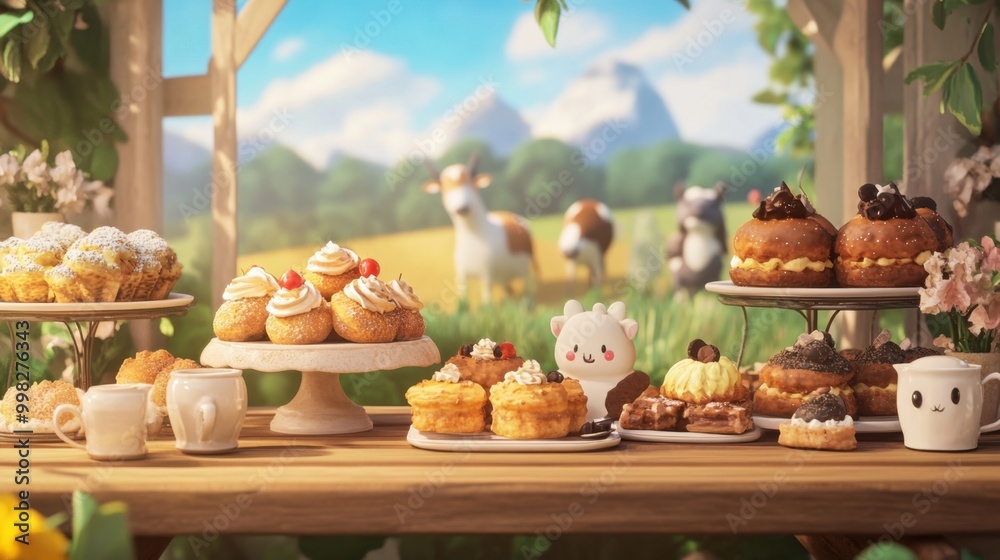 A cozy scene at Cafe featuring a selection of sweet pastries and desserts, with charming farm animals grazing peacefully in the background.