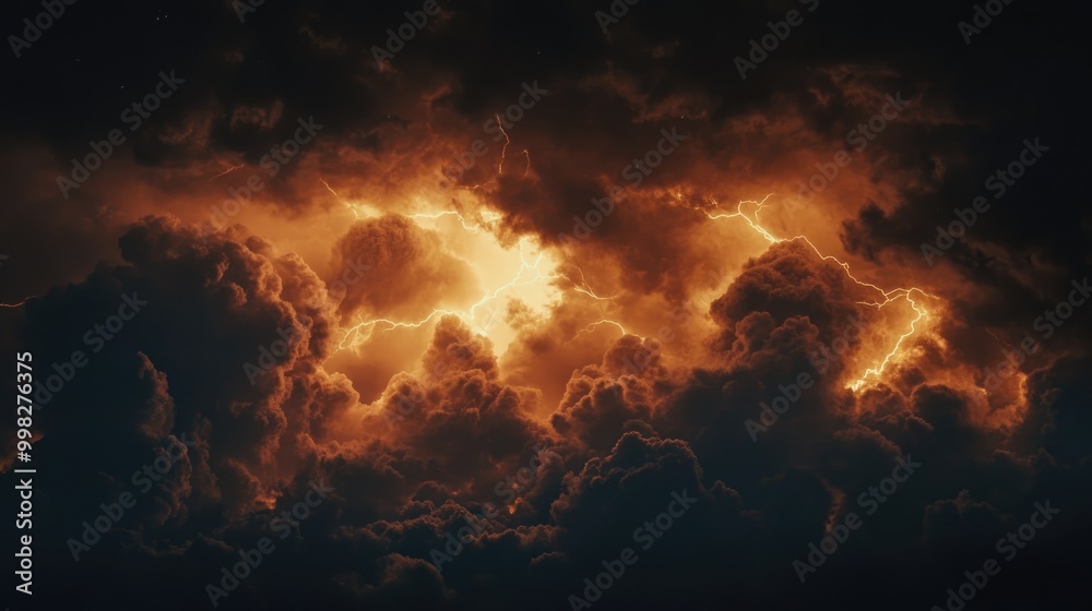 Lightning strikes from a dark stormy sky filled with multiple clouds Lightning strikes from a dark stormy sky filled with multiple clouds