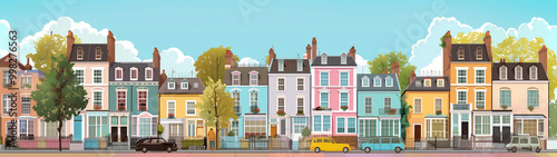 Georgian terraced town house home and apartments in Victorian London England UK which are a popular luxury style of housing in historic city areas, construction stock illustration image