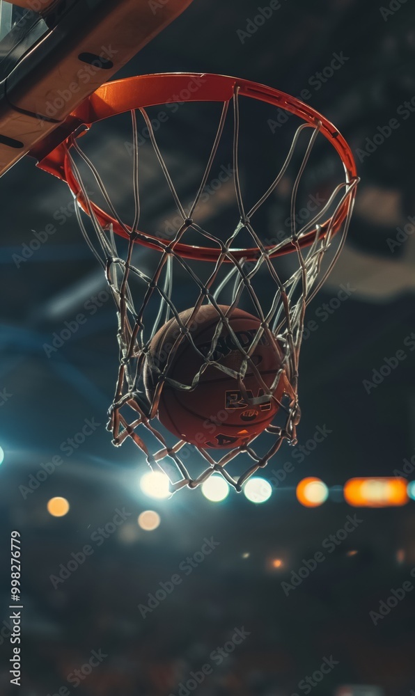 basketball ball swishes through hoop under bright arena lights, capturing the thrilling moment of successful shot, symbolizing victory and athletic excellence, creative sport background basketball ball swishes through hoop under bright arena lights, capturing the thrilling moment of successful shot, symbolizing victory and athletic excellence, creative sport background