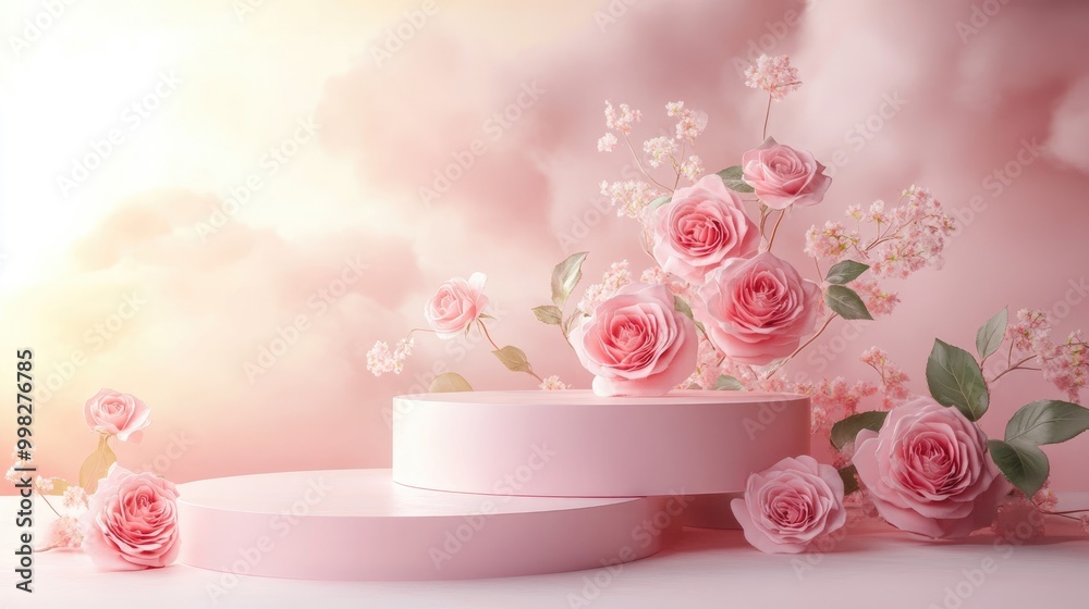 3D pink podium feature with rose flowers for showcasing beauty products set against a serene nature background perfect for romantic occasions and gifts 3D pink podium feature with rose flowers for showcasing beauty products set against a serene nature background perfect for romantic occasions and gifts