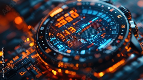 Close-up of a futuristic smartwatch with a digital display showing time and circuit board patterns.