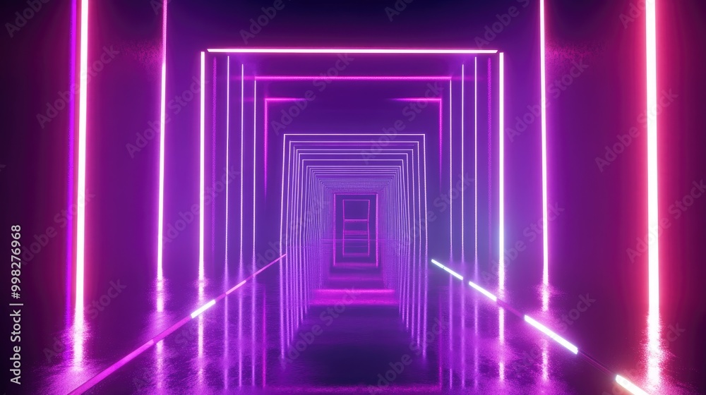 3D rendering of a virtual reality space featuring neon lighting a square portal tunnel ultraviolet hues and an abstract backdrop resembling a laser show on a fashion catwalk stage with reflective 3D rendering of a virtual reality space featuring neon lighting a square portal tunnel ultraviolet hues and an abstract backdrop resembling a laser show on a fashion catwalk stage with reflective