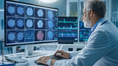 A healthcare provider conducting a virtual follow-up with a patient through a desktop computer with medical charts visible on the screen