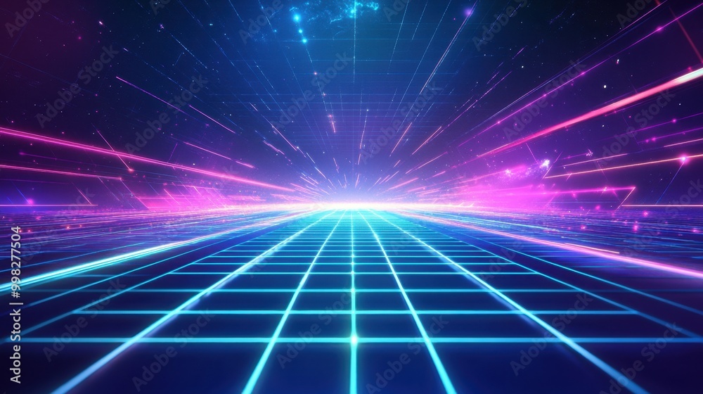 A neon grid extending into a futuristic digital horizon, glowing in bright shades of blue and purple. A neon grid extending into a futuristic digital horizon, glowing in bright shades of blue and purple.