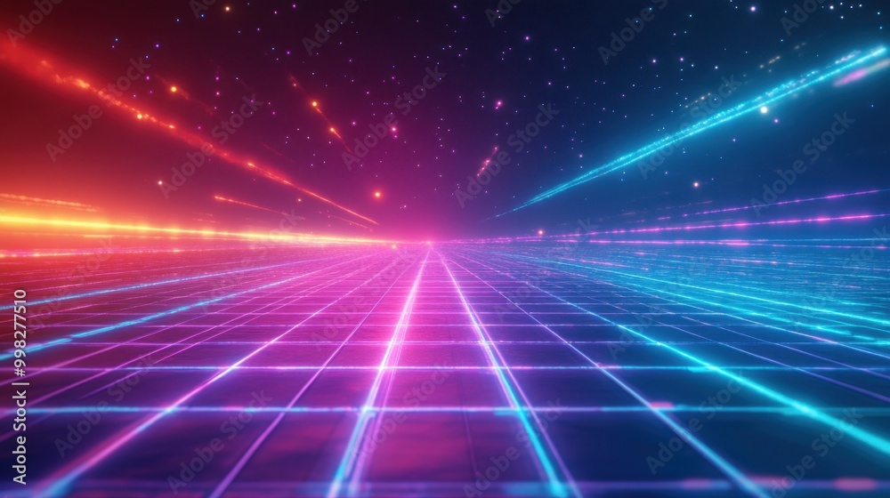 A neon grid extending into a futuristic digital horizon, glowing in bright shades of blue and purple. A neon grid extending into a futuristic digital horizon, glowing in bright shades of blue and purple.
