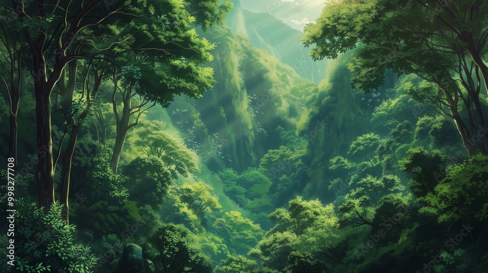 Lush green trees and foliage fill a deep valley, sunlight filtering through the canopy. Lush green trees and foliage fill a deep valley, sunlight filtering through the canopy.