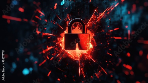 Network security system warning of a hacking attempt represented by a broken padlock symbol