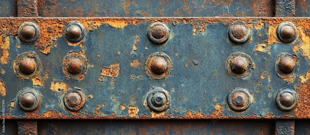 Closeup of rusty metal panel with rivets and chipped paint. Closeup of rusty metal panel with rivets and chipped paint.