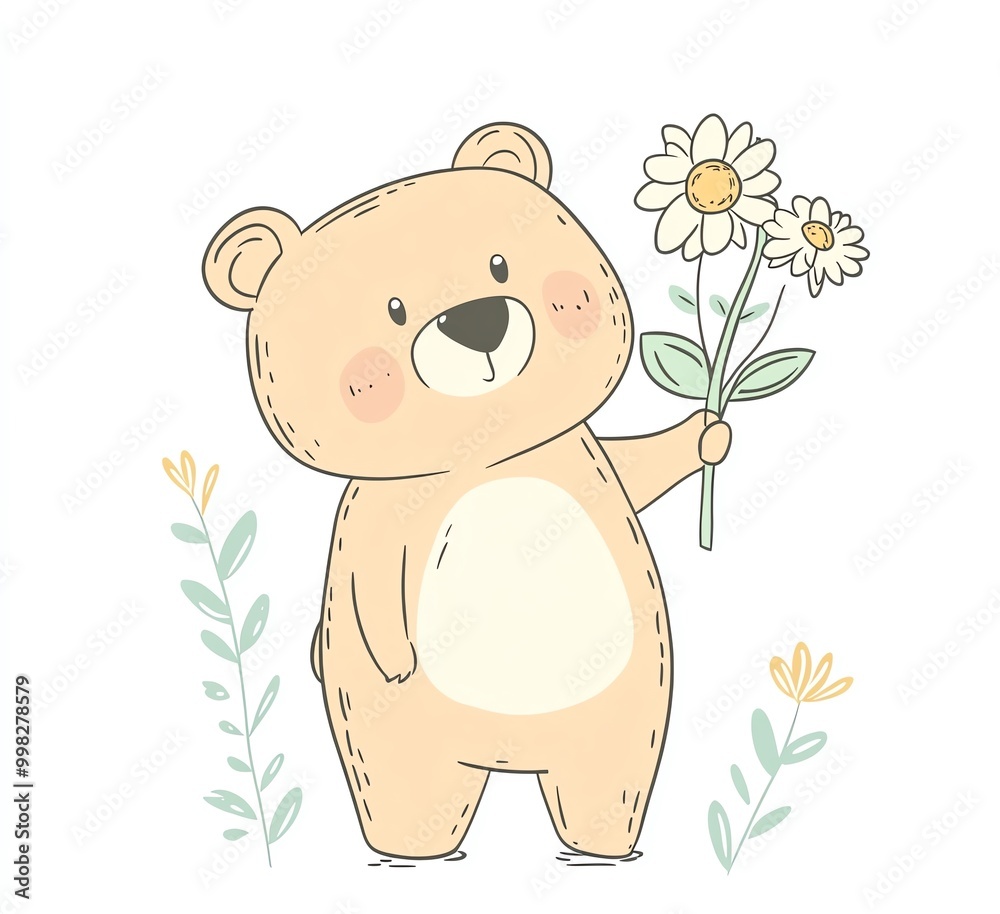Cute cartoon bear holding a flower, surrounded by whimsical plants, perfect for children's illustrations or nature-themed designs. Cute cartoon bear holding a flower, surrounded by whimsical plants, perfect for children's illustrations or nature-themed designs.