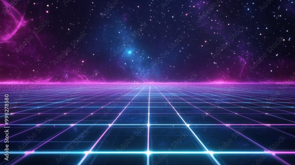 A retro-style neon grid in bright purples and blues, creating a digital landscape under a starry sky. A retro-style neon grid in bright purples and blues, creating a digital landscape under a starry sky.