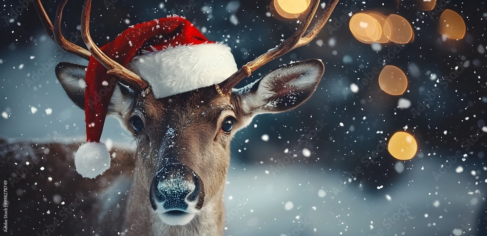 Detailed reindeer portrait in a Santa hat, ideal for a snowy Christmas setting. Detailed reindeer portrait in a Santa hat, ideal for a snowy Christmas setting.