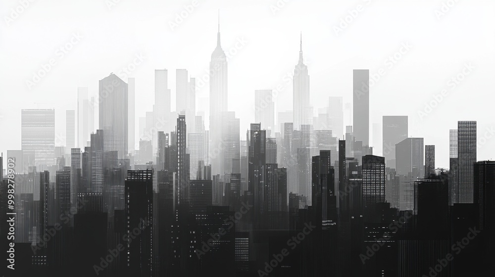 Fototapeta premium Grayscale pixelated city skyline with towering skyscrapers and modern urban design, perfect for a tech-driven aesthetic.