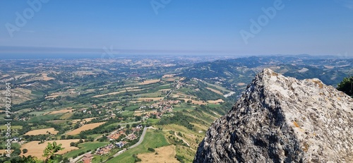 View from San Marino the fortress of Guaita on Monte Titano to Italy. June 28, 2024.