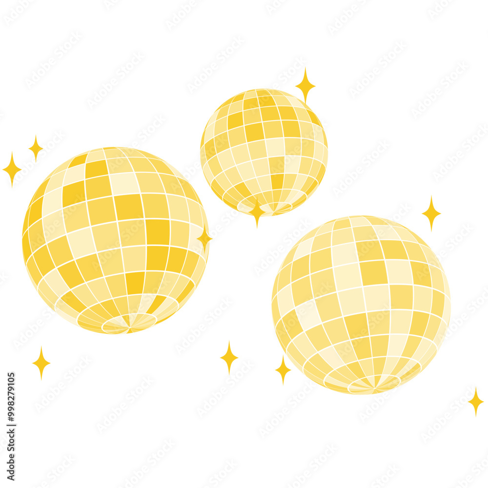 Set of gold discoball icons. Golden disco party mirrorballs in retro 70s 80s 90s retro discotheque style. Shining night club globes. Nightlife, holiday or fun symbols.
Set of gold discoball icons. Golden disco party mirrorballs in retro 70s 80s 90s retro discotheque style. Shining night club globes. Nightlife, holiday or fun symbols.