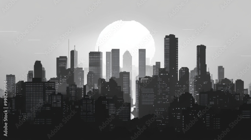 Fototapeta premium Grayscale pixelated city skyline with towering skyscrapers and modern urban design, perfect for a tech-driven aesthetic.
