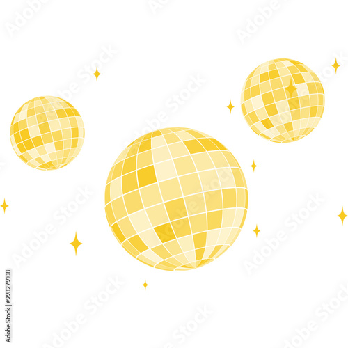 Set of gold discoball icons. Golden disco party mirrorballs in retro 70s 80s 90s retro discotheque style. Shining night club globes. Nightlife, holiday or fun symbols.
