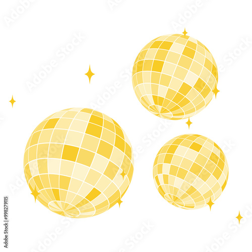 Set of gold discoball icons. Golden disco party mirrorballs in retro 70s 80s 90s retro discotheque style. Shining night club globes. Nightlife, holiday or fun symbols.
