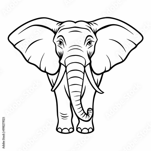 Elephant front view illustration, friendly style, black and white