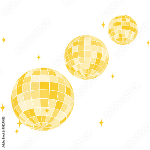 Set of gold discoball icons. Golden disco party mirrorballs in retro 70s 80s 90s retro discotheque style. Shining night club globes. Nightlife, holiday or fun symbols.
