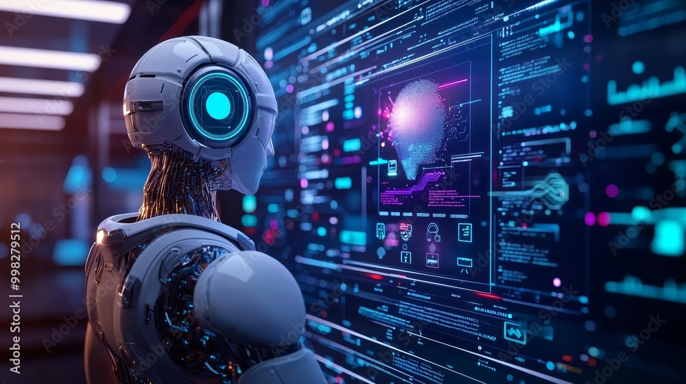 AI Robot Analyzing Data in Futuristic Environment AI Robot Analyzing Data in Futuristic Environment