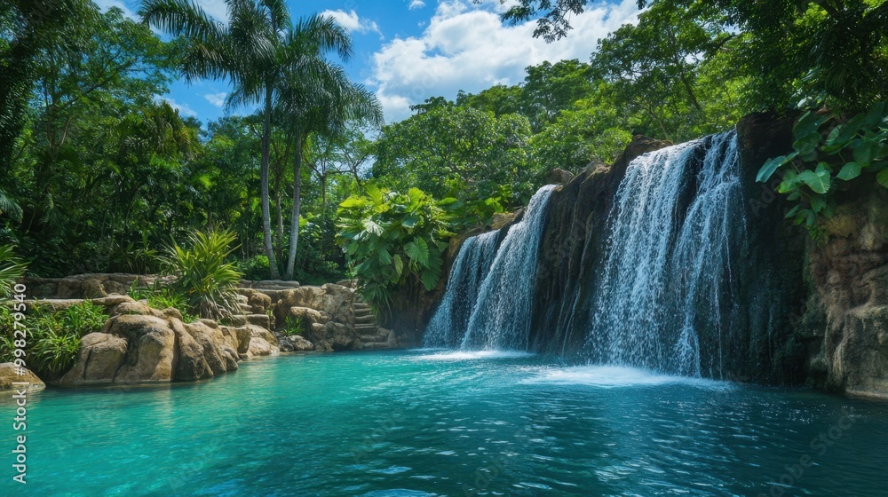 Fototapeta premium Turquoise water, lush green trees, and a gentle waterfall set the scene for a serene oasis, perfect for relaxation under the sun