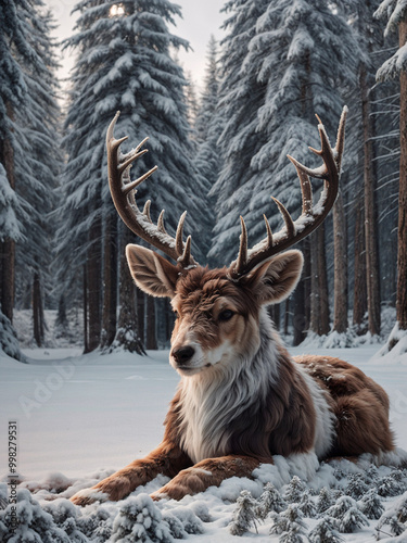 a fluffy deer lying in a snowy forest. deer in snow. 