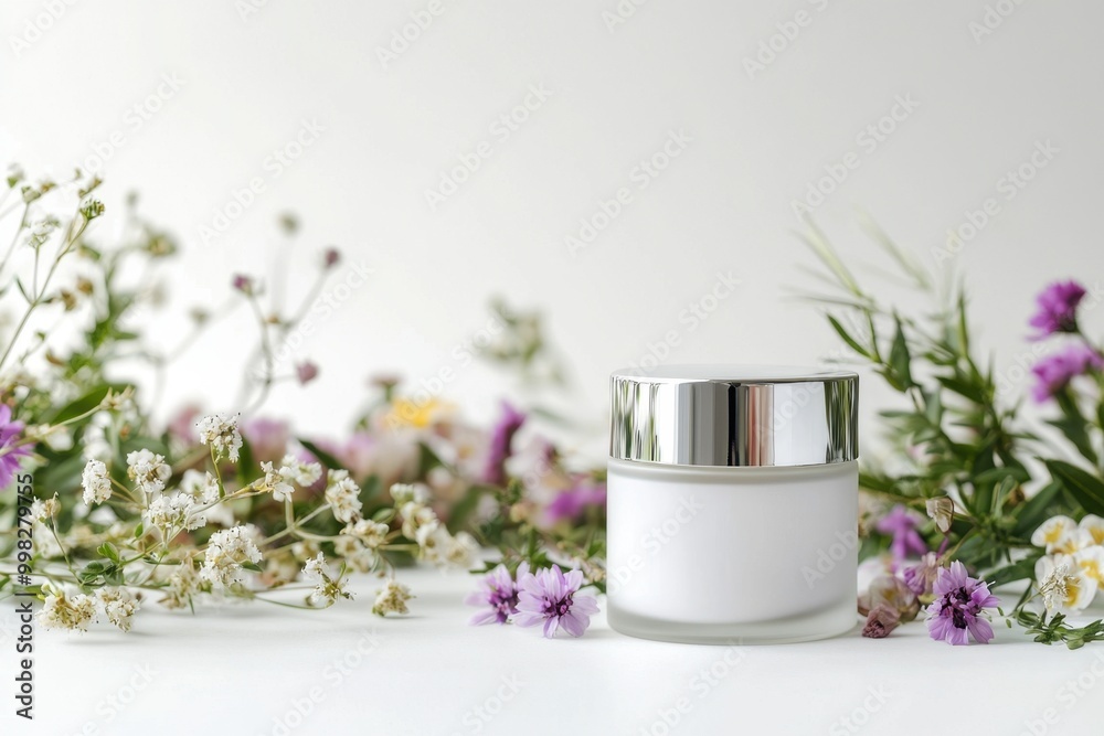 A jar of luxurious face cream with a creamy texture and silver lid, surrounded by fresh flowers on a clean white surface. Ample blank space for text.