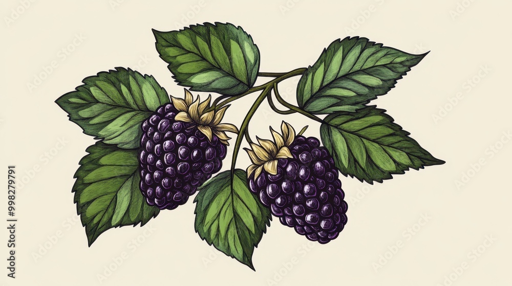 Hand-drawn blackberry with detailed leaves in vibrant colors, minimalistic style emphasizing healthy food and natural goodness.