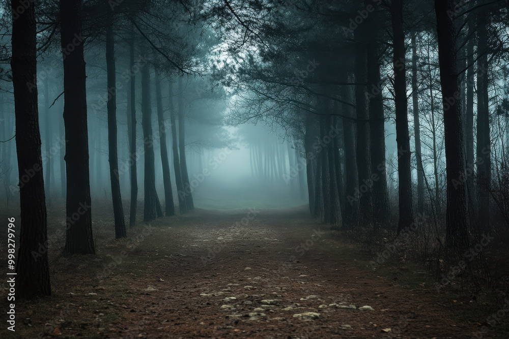 Naklejka premium A misty pathway through a tranquil forest at dawn inviting exploration and contemplation