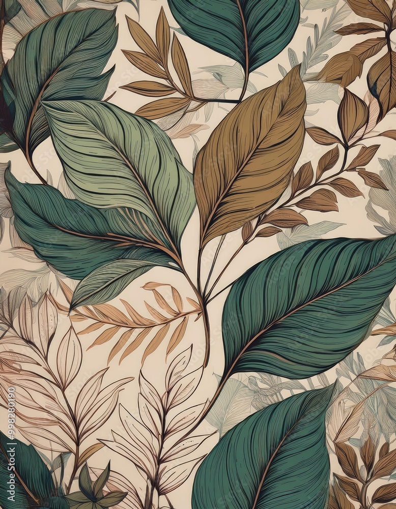 Tropical leaves in green and beige Tropical leaves in green and beige