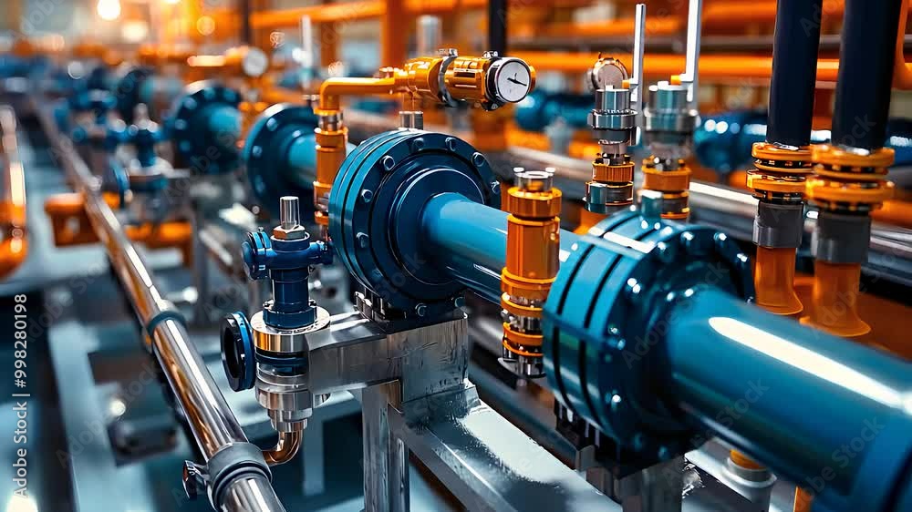 Detailed industrial pipeline system with valves and gauges, representing engineering, manufacturing, and fluid transportation technology. Detailed industrial pipeline system with valves and gauges, representing engineering, manufacturing, and fluid transportation technology.