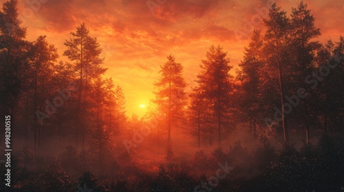 A misty forest bathed in the warm glow of a vibrant sunset.