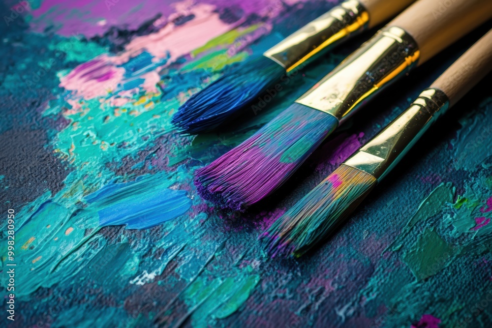 Bright splashes of paint fill a palette, while paintbrushes rest beside vibrant abstract brushstrokes on canvas, inviting creativity. Generative AI Bright splashes of paint fill a palette, while paintbrushes rest beside vibrant abstract brushstrokes on canvas, inviting creativity. Generative AI