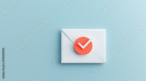 White envelope with red checkmark icon on a light blue background, representing successful email marketing campaign, verified communication, digital marketing