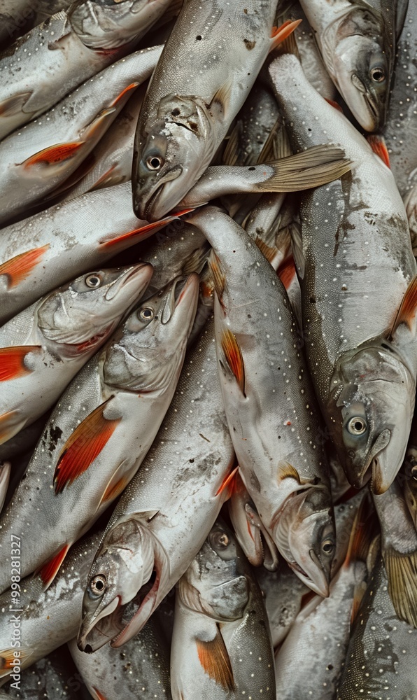 Fototapeta premium pile of freshly caught silver fish on ice at the market, texture of seafood background, freshness and the ocean's bounty creative backdrop