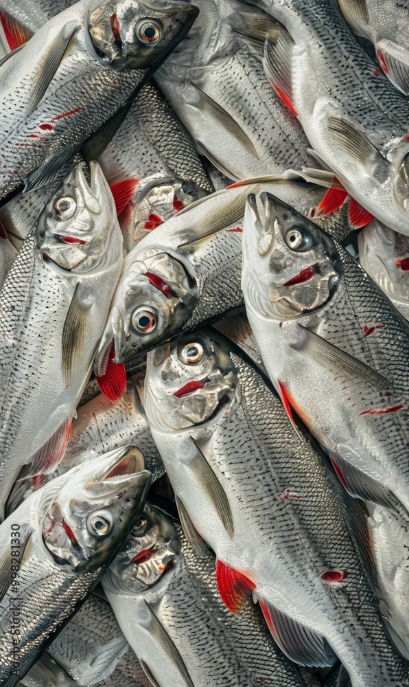 Obraz premium pile of freshly caught silver fish on ice at the market, texture of seafood background, freshness and the ocean's bounty creative backdrop