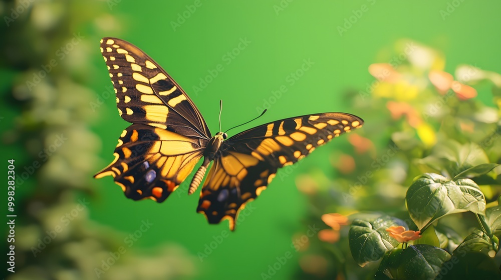 A vibrant yellow and black butterfly in flight against a lush green backdrop. A vibrant yellow and black butterfly in flight against a lush green backdrop.